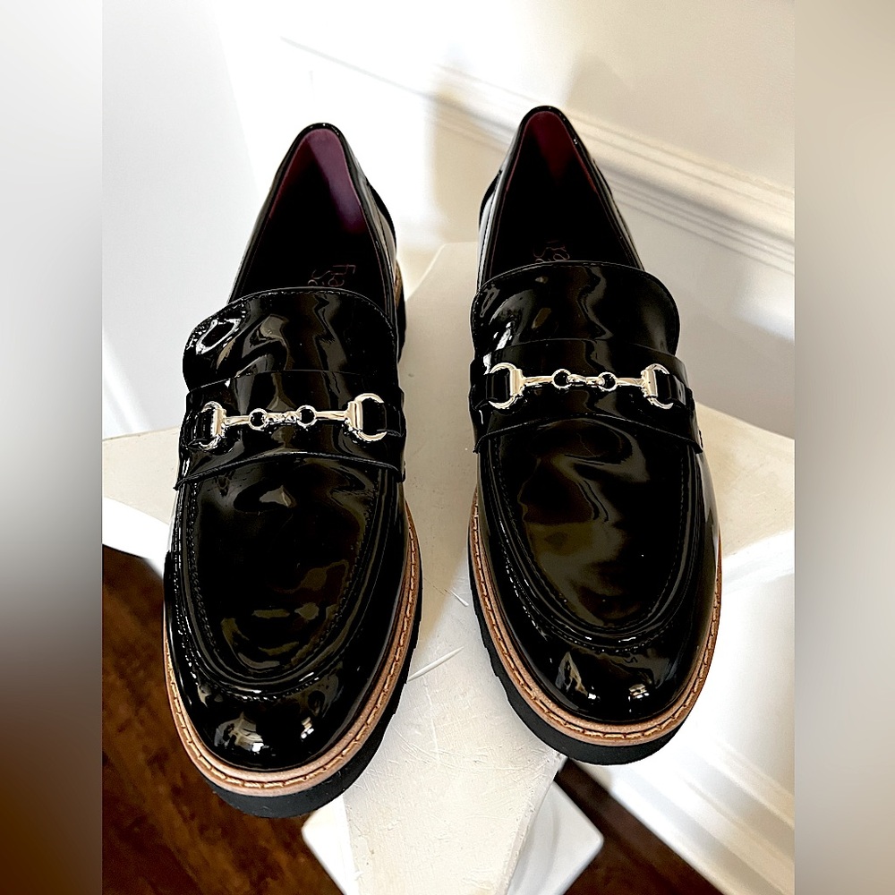 Women’s, Black Faux Patent Leather Lug Soles Slip-On Loafers.